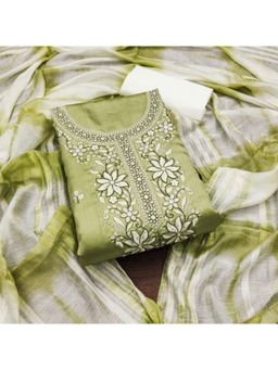 Zeepkart - Cotton Silk Olive Colour Floral Unstitched Kurta and Bottom with Dupatta (Set of 3)