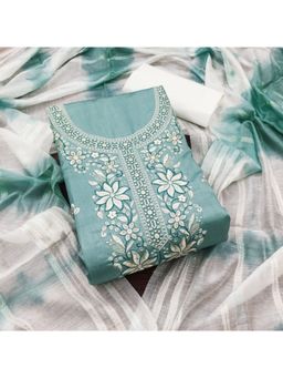 Zeepkart - Cotton Silk Turquoise Colour Floral Unstitched Kurta and Bottom with Dupatta (Set of 3)