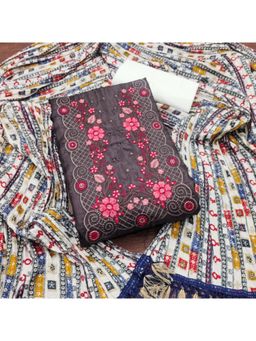 Zeepkart - Cotton Silk Brown Colour Embroidered Unstitched Kurta and Bottom with Dupatta (Set of 3)