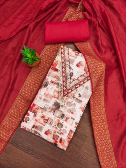 Zeepkart - Cotton Silk Red Colour Abstract Unstitched Kurta and Bottom with Dupatta (Set of 3)