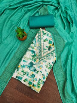 Zeepkart - Cotton Silk Turquoise Colour Abstract Unstitched Kurta and Bottom with Dupatta (Set of 3)