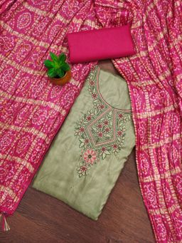 Zeepkart - Cotton Silk Green Colour Embroidered Unstitched Kurta and Bottom with Dupatta (Set of 3)