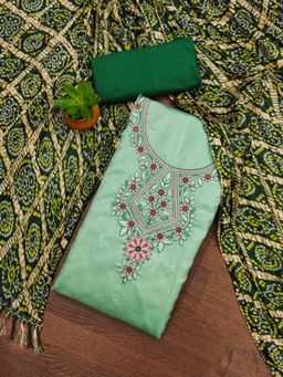 Zeepkart - Cotton Silk Green Colour Embroidered Unstitched Kurta and Bottom with Dupatta (Set of 3)