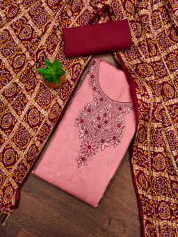Zeepkart - Cotton Silk Pink Colour Embroidered Unstitched Kurta and Bottom with Dupatta (Set of 3)