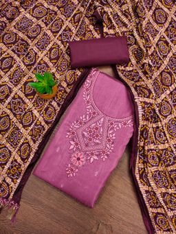 Zeepkart - Cotton Silk Mauve Colour Embroidered Unstitched Kurta and Bottom with Dupatta (Set of 3)