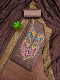 Zeepkart - Cotton Silk Brown Colour Embroidered Unstitched Kurta and Bottom with Dupatta (Set of 3)