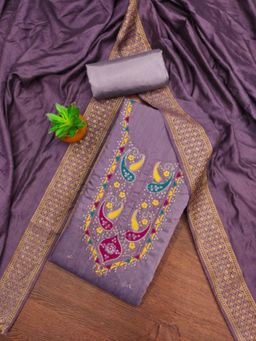 Zeepkart - Cotton Silk Purple Colour Embroidered Unstitched Kurta and Bottom with Dupatta (Set of 3)