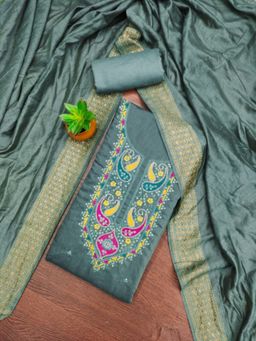Zeepkart - Cotton Silk Teal Colour Embroidered Unstitched Kurta and Bottom with Dupatta (Set of 3)