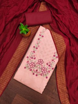 Zeepkart - Cotton Silk Peach Colour Embroidered Unstitched Kurta and Bottom with Dupatta (Set of 3)