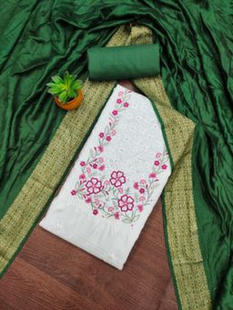 Zeepkart - Cotton Silk Green Colour Embroidered Unstitched Kurta and Bottom with Dupatta (Set of 3)