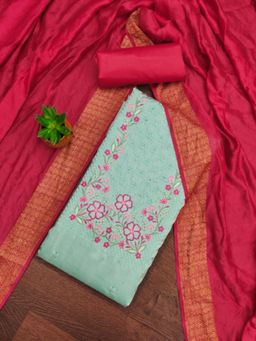 Zeepkart - Cotton Silk Teal Colour Embroidered Unstitched Kurta and Bottom with Dupatta (Set of 3)