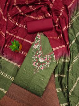 Zeepkart - Cotton Silk Green Colour Embroidered Unstitched Kurta and Bottom with Dupatta (Set of 3)