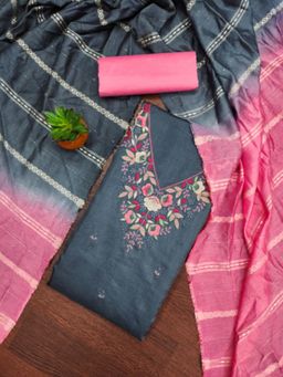 Zeepkart - Cotton Silk Grey Colour Embroidered Unstitched Kurta and Bottom with Dupatta (Set of 3)