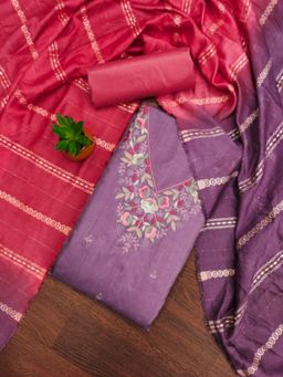 Zeepkart - Cotton Silk Purple Colour Embroidered Unstitched Kurta and Bottom with Dupatta (Set of 3)