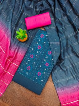 Zeepkart - Cotton Silk Blue Colour Embroidered Unstitched Kurta and Bottom with Dupatta (Set of 3)