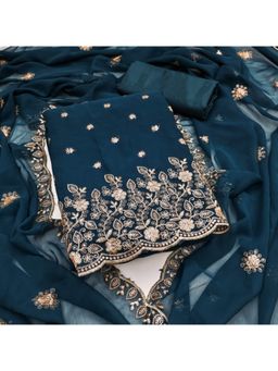 Zeepkart - Georgette Silk Teal Colour Embroidered Unstitched Kurta and Bottom with Dupatta (Set of 3)