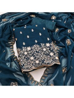 Zeepkart - Georgette Silk Teal Colour Embroidered Unstitched Kurta and Bottom with Dupatta (Set of 3)