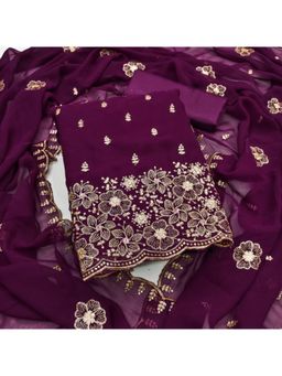 Zeepkart - Georgette Silk Wine Colour Embroidered Unstitched Kurta and Bottom with Dupatta (Set of 3)