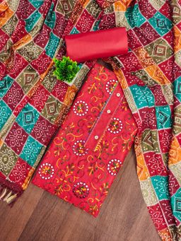 Zeepkart - Cotton Silk Red Colour Embroidered Unstitched Kurta and Bottom with Dupatta (Set of 3)