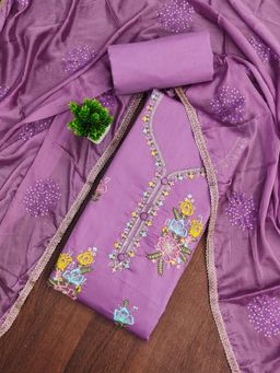 Zeepkart - Cotton Silk Lavender Colour Embroidered Unstitched Kurta and Bottom with Dupatta (Set of 3)