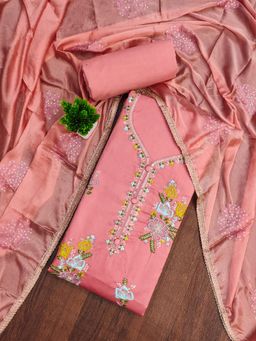 Zeepkart - Cotton Silk Pink Colour Embroidered Unstitched Kurta and Bottom with Dupatta (Set of 3)