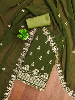 Zeepkart - Georgette Silk Olive Colour Embellished Unstitched Kurta and Bottom with Dupatta (Set of 3)