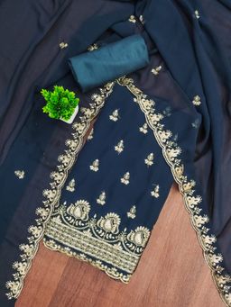 Zeepkart - Georgette Silk Teal Colour Embellished Unstitched Kurta and Bottom with Dupatta (Set of 3)