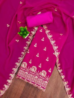 Zeepkart - Georgette Silk Pink Colour Embellished Unstitched Kurta and Bottom with Dupatta (Set of 3)