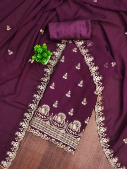Zeepkart - Georgette Silk Wine Colour Embellished Unstitched Kurta and Bottom with Dupatta (Set of 3)