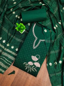Zeepkart - Cotton Silk Green Colour Embroidered Unstitched Kurta and Bottom with Dupatta (Set of 3)