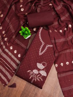Zeepkart - Cotton Silk Maroon Colour Embroidered Unstitched Kurta and Bottom with Dupatta (Set of 3)
