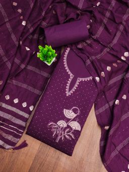 Zeepkart - Cotton Silk Purple Colour Embroidered Unstitched Kurta and Bottom with Dupatta (Set of 3)