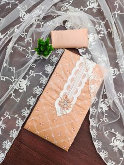 Zeepkart - Cotton Silk Orange Colour Embroidered Unstitched Kurta and Bottom with Dupatta (Set of 3)