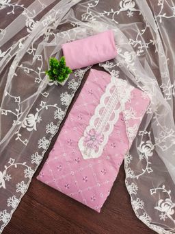 Zeepkart - Cotton Silk Pink Colour Embroidered Unstitched Kurta and Bottom with Dupatta (Set of 3)