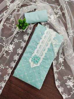 Zeepkart - Cotton Silk Teal Colour Embroidered Unstitched Kurta and Bottom with Dupatta (Set of 3)