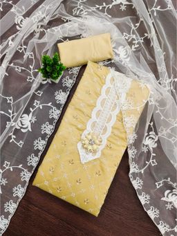 Zeepkart - Cotton Silk Yellow Colour Embroidered Unstitched Kurta and Bottom with Dupatta (Set of 3)