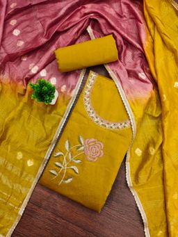 Zeepkart - Cotton Silk Mustard Colour Embroidered Unstitched Kurta and Bottom with Dupatta (Set of 3)