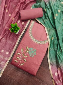 Zeepkart - Cotton Silk Peach Colour Embroidered Unstitched Kurta and Bottom with Dupatta (Set of 3)