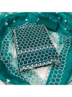 Zeepkart - Organza Teal Colour Embroidered Unstitched Kurta and Bottom with Dupatta (Set of 3)