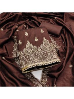 Zeepkart - Cotton Silk Brown Colour Embroidered Unstitched Kurta and Bottom with Dupatta (Set of 3)