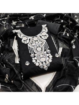 Zeepkart - Cotton Silk Black Colour Embroidered Unstitched Kurta and Bottom with Dupatta (Set of 3)