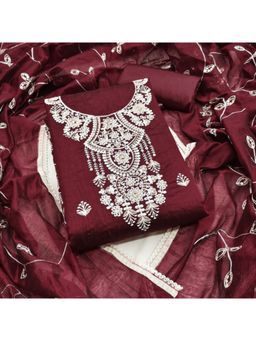 Zeepkart - Cotton Silk Maroon Colour Embroidered Unstitched Kurta and Bottom with Dupatta (Set of 3)