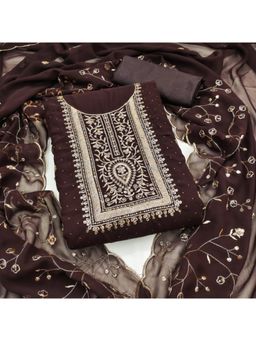 Zeepkart - Georgette Silk Brown Colour Embroidered Unstitched Kurta and Bottom with Dupatta (Set of 3)