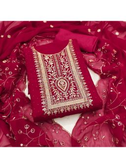 Zeepkart - Georgette Silk Red Colour Embroidered Unstitched Kurta and Bottom with Dupatta (Set of 3)