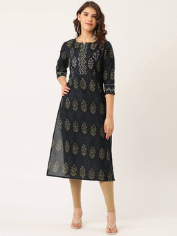 Maaesa - Women Cotton Printed with Adda Mirror Work & Gotta Detailing Kurta Blue
