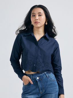 Twenty Dresses by Nykaa Fashion - Navy Blue Collared Threadwork Hem Crop Shirt