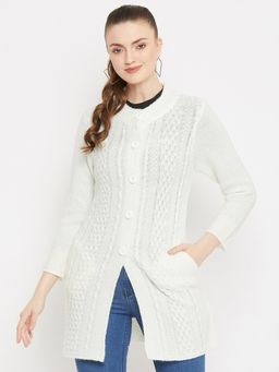 ZIGO - White Super Warm Super Soft Round Neck Full Sleeves Self Design Long Cardigan