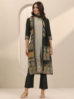 Libas - Grey Floral Kurta with Pant and Dupatta (Set of 2)