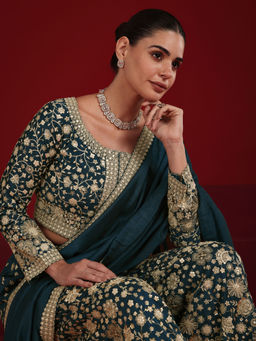 Libas Art - Teal Embroidered Blouse with Palazzo and Dupatta (Set of 2)