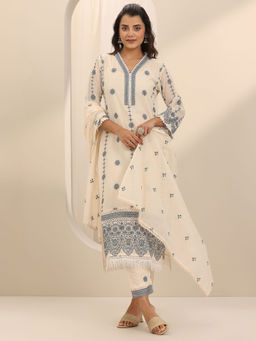 Libas - Off White Floral Kurta with Pant and Dupatta (Set of 2)